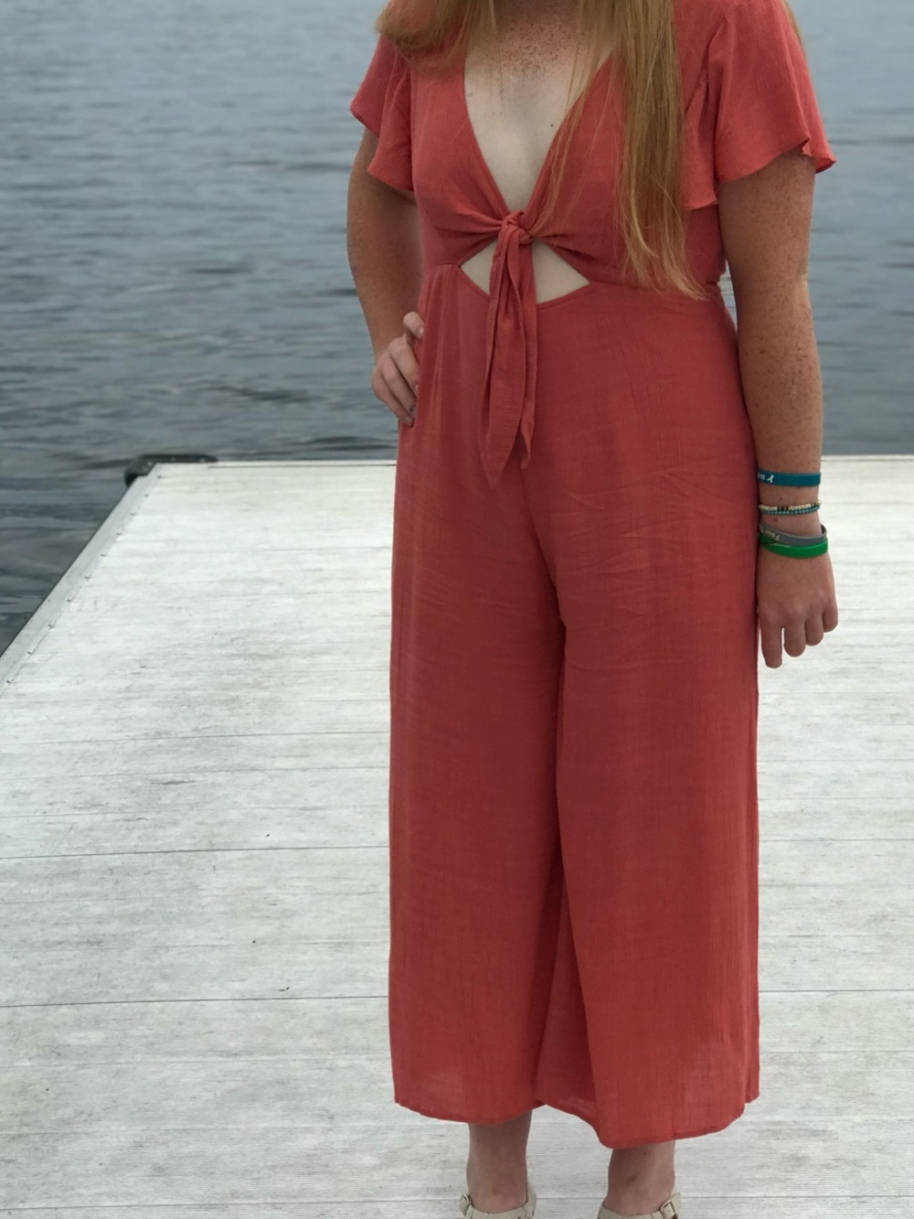 Tie-Front Wide-Leg Jumpsuit in Coral